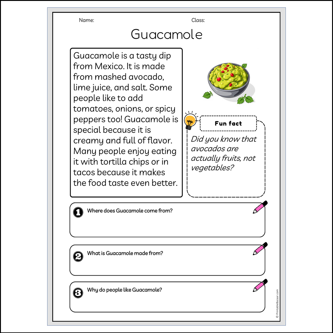 Guacamole | Reading Passage Comprehension Questions Writing Facts Worksheet