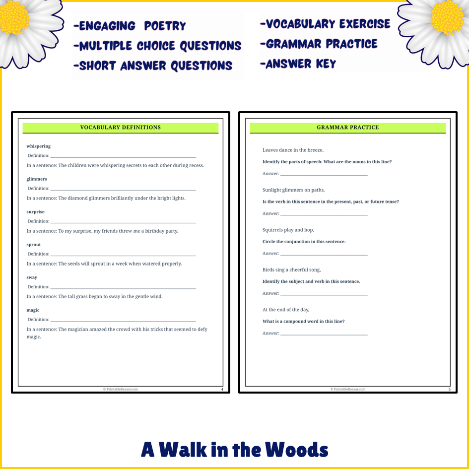 A Walk in the Woods | Poem Grammar Worksheet Printable Activity