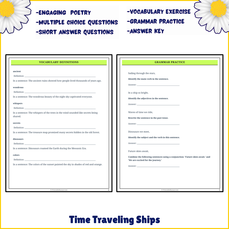 Time Traveling Ships | Poem Grammar Worksheet Printable Activity