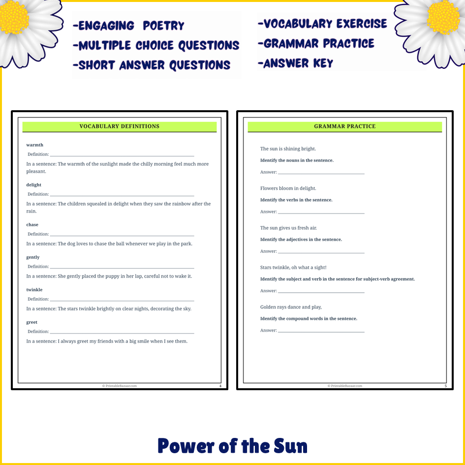 Power of the Sun | Poem Grammar Worksheet Printable Activity