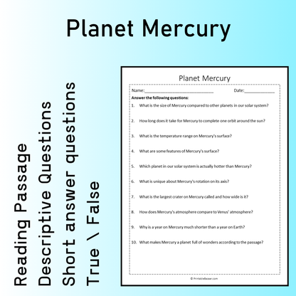 Planet Mercury | Reading Comprehension Passage Printable Worksheet
