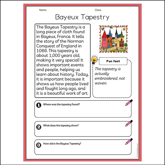 Bayeux Tapestry | Reading Passage Comprehension Questions Writing Facts Worksheet