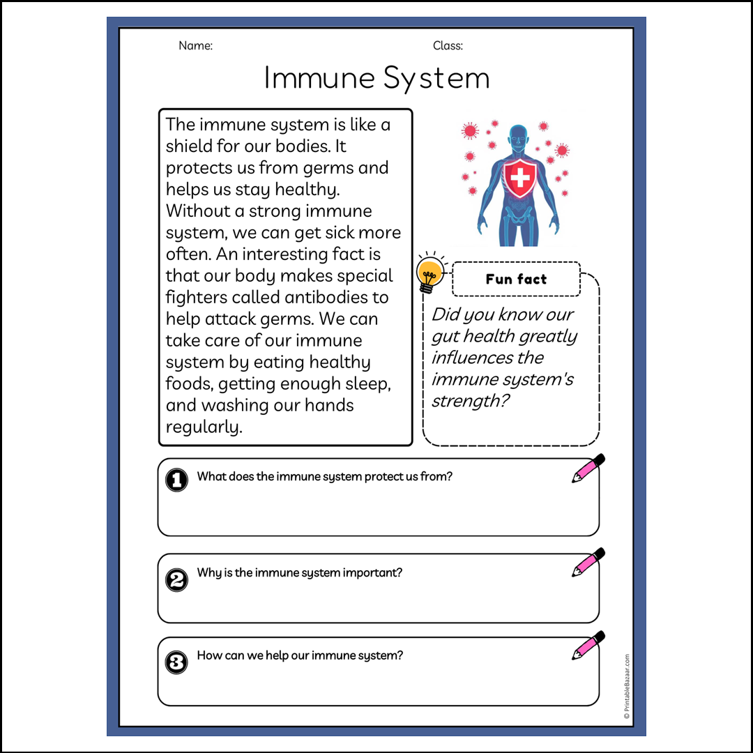 Immune System | Reading Passage Comprehension Questions Writing Facts Worksheet