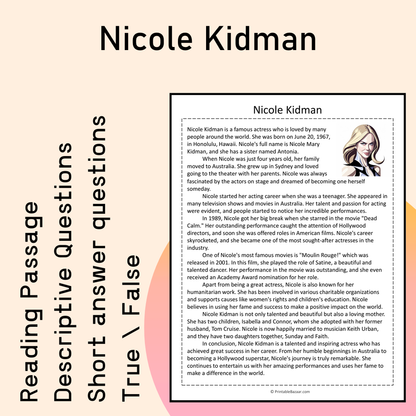 Nicole Kidman | Reading Comprehension Passage Printable Activity