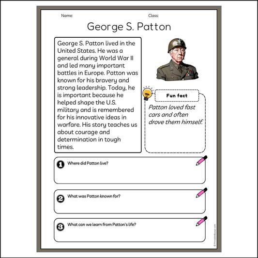 George S. Patton | Reading Passage Comprehension Questions Writing Facts Worksheet