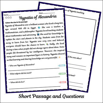 Hypatia of Alexandria | Short Reading Comprehension Creative Worksheet