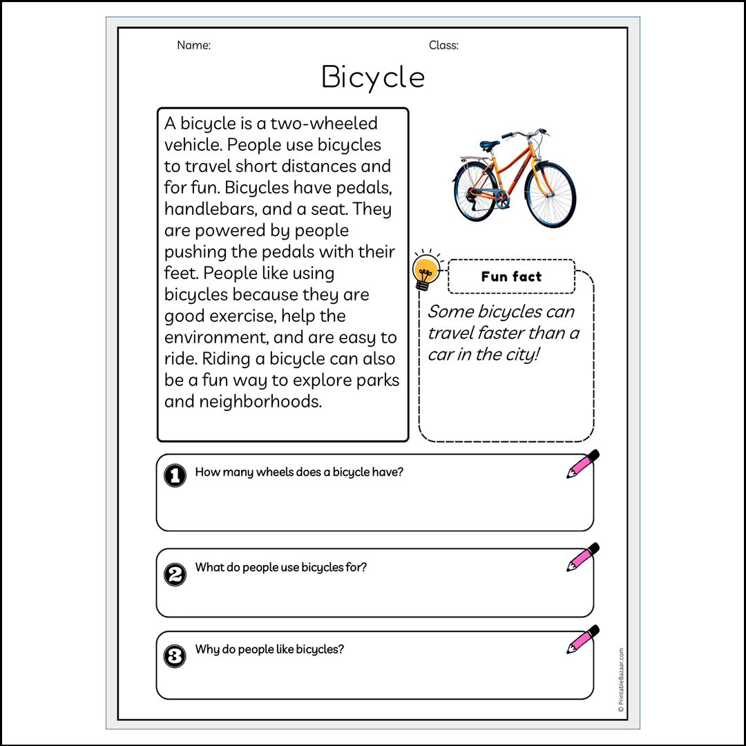 Bicycle | Reading Passage Comprehension Questions Writing Facts Worksheet