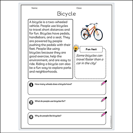 Bicycle | Reading Passage Comprehension Questions Writing Facts Worksheet