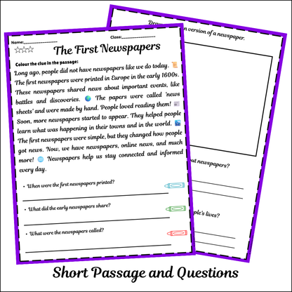 The First Newspapers | Short Reading Comprehension Creative Worksheet