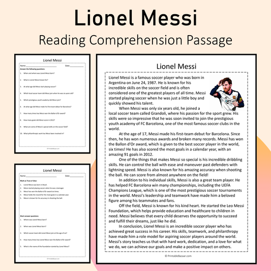 Lionel Messi | Reading Comprehension Passage Printable Activity