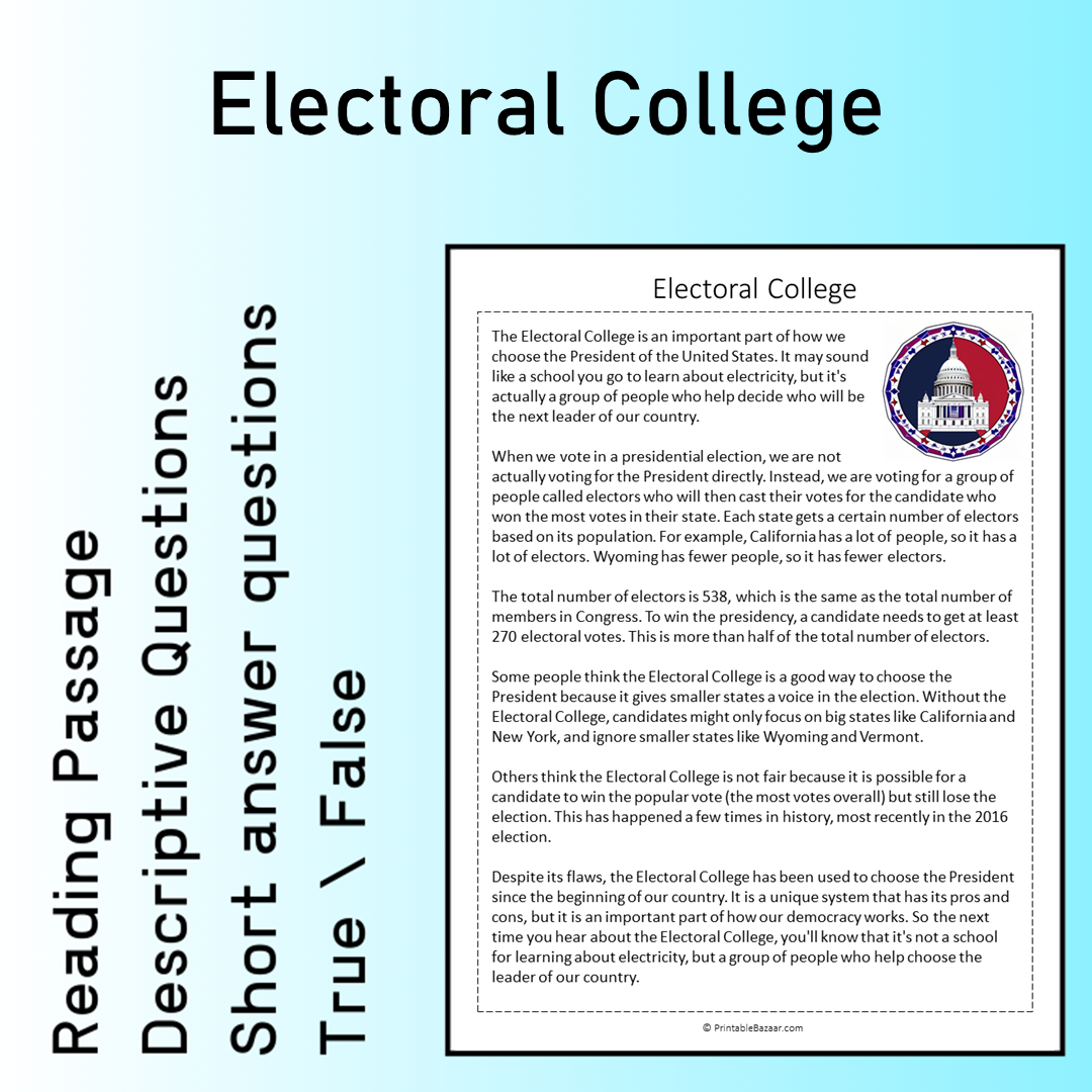 Electoral College | Reading Comprehension Passage Printable Worksheet