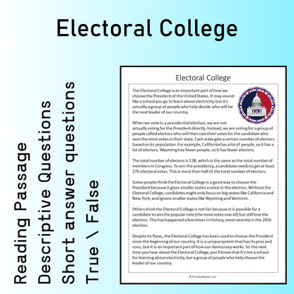 Electoral College | Reading Comprehension Passage Printable Worksheet