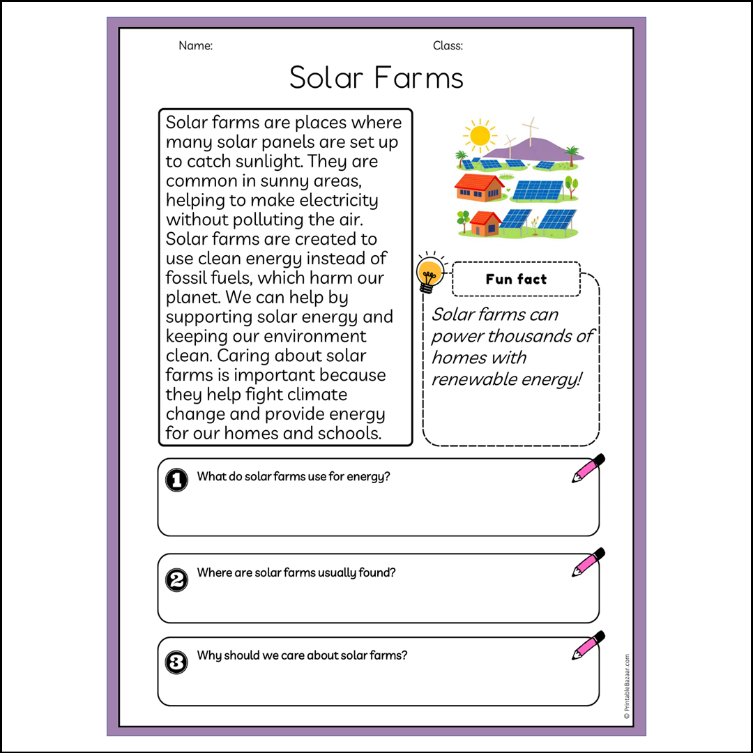 Solar Farms | Reading Passage Comprehension Questions Writing Facts Worksheet