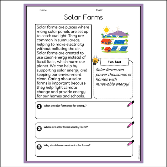 Solar Farms | Reading Passage Comprehension Questions Writing Facts Worksheet