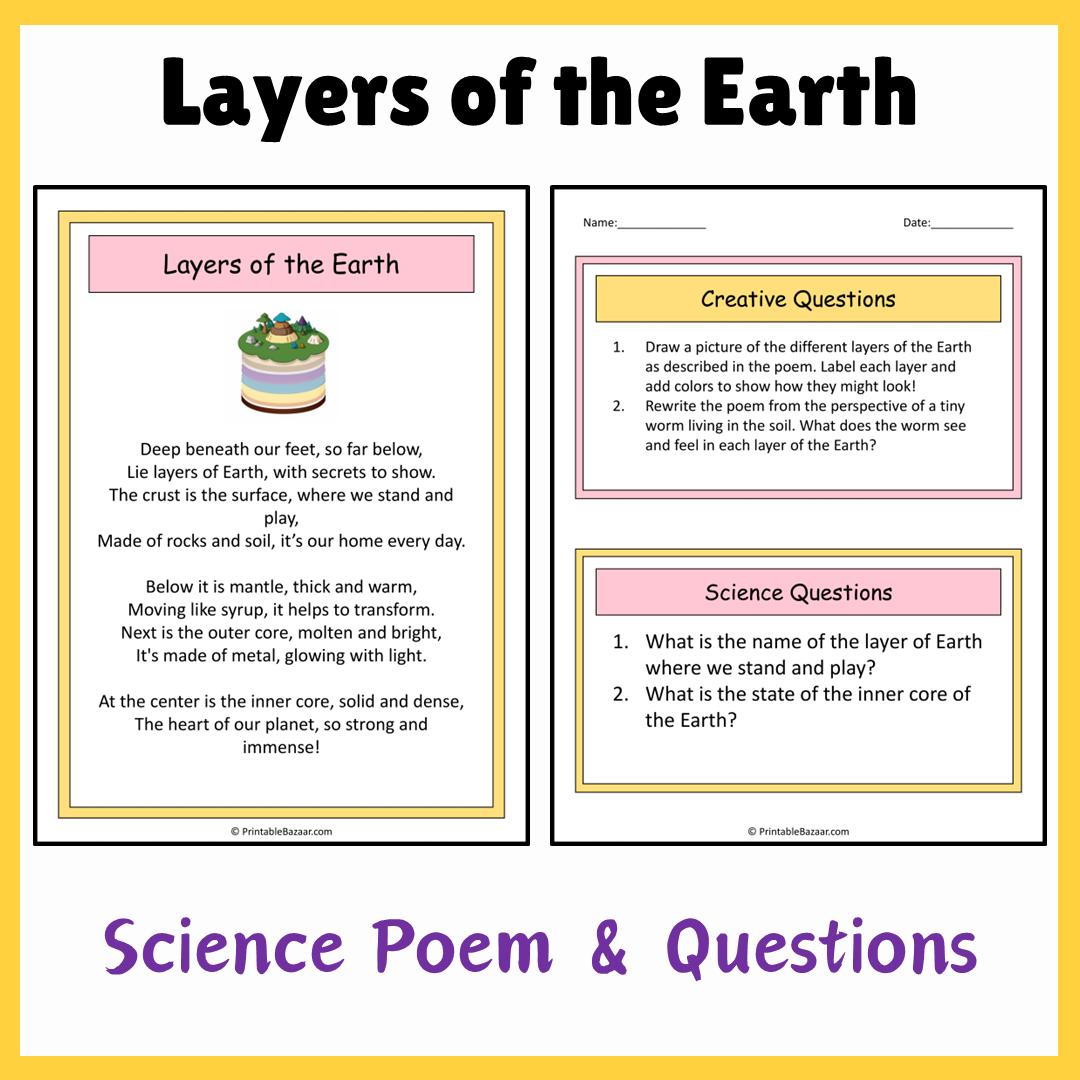 Layers of the Earth | Science Poem Reading Comprehension Activity