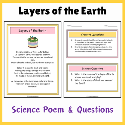 Layers of the Earth | Science Poem Reading Comprehension Activity