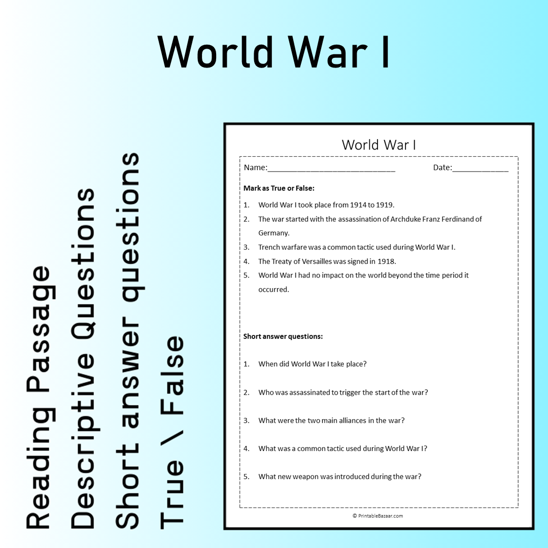 World War I | Reading Comprehension Passage Printable Worksheet