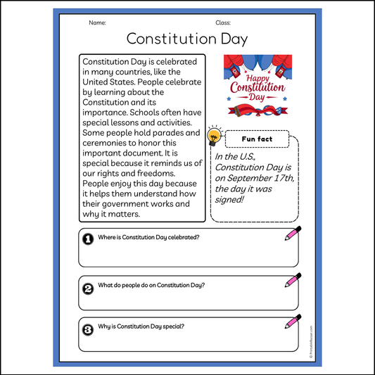 Constitution Day | Reading Passage Comprehension Questions Writing Facts Worksheet