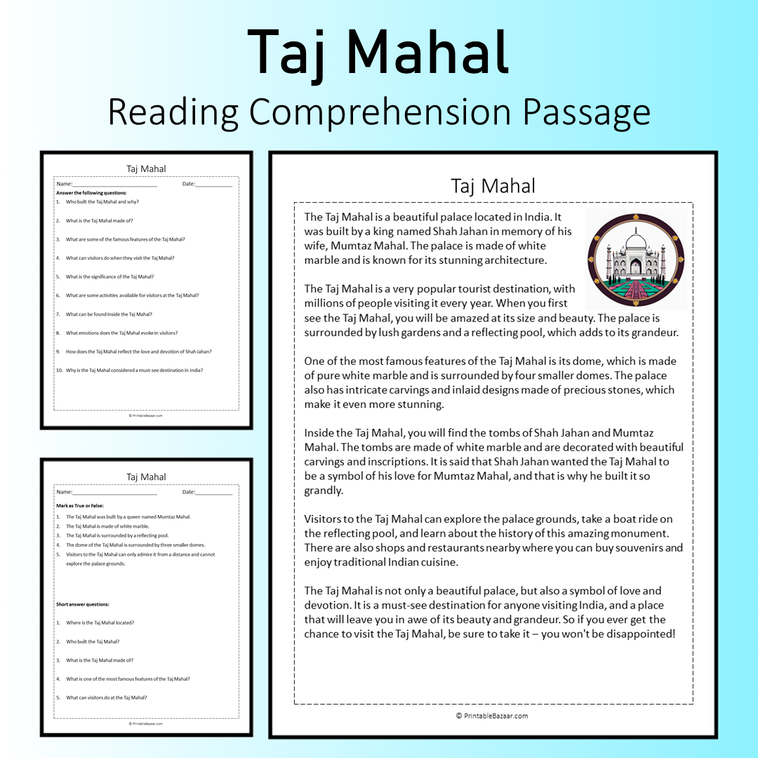 Taj Mahal | Reading Comprehension Passage Printable Worksheet