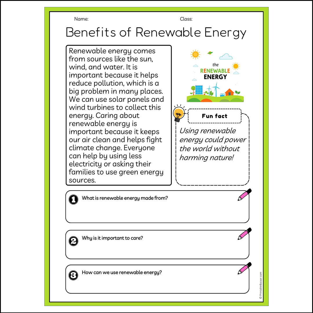 Benefits of Renewable Energy | Reading Passage Comprehension Questions Writing Facts Worksheet