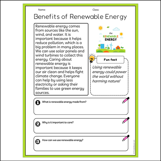 Benefits of Renewable Energy | Reading Passage Comprehension Questions Writing Facts Worksheet