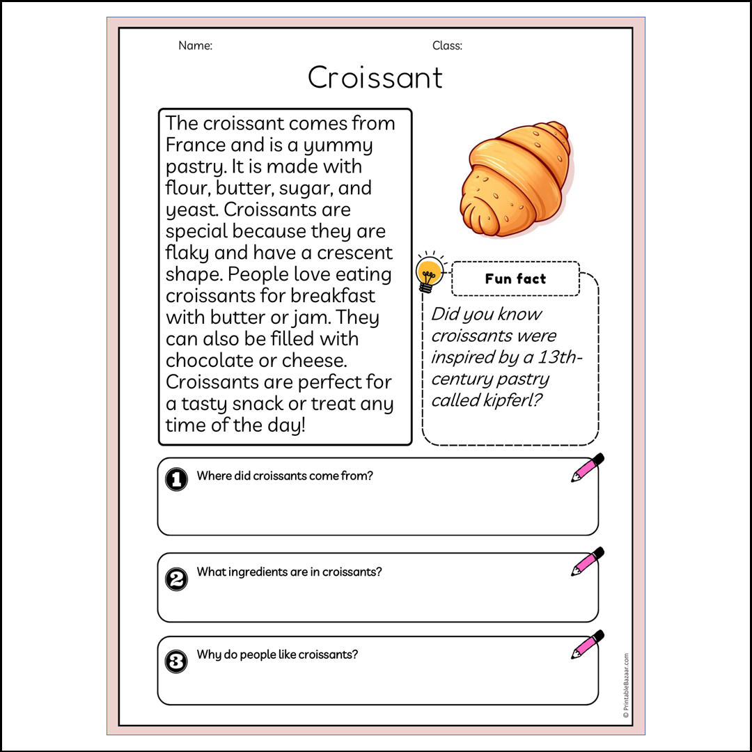 Croissant | Reading Passage Comprehension Questions Writing Facts Worksheet