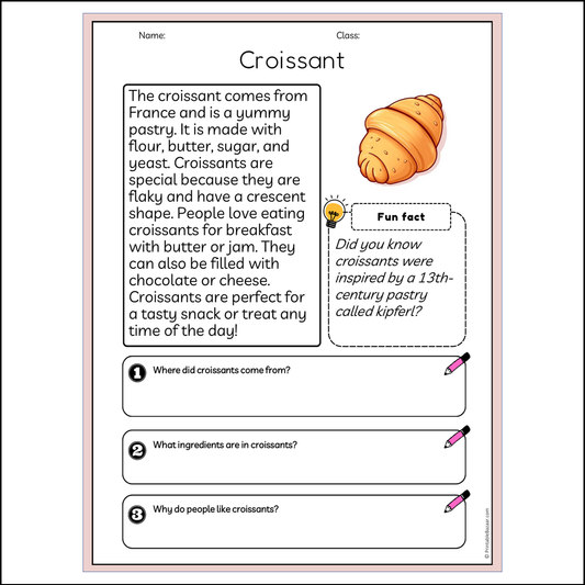 Croissant | Reading Passage Comprehension Questions Writing Facts Worksheet