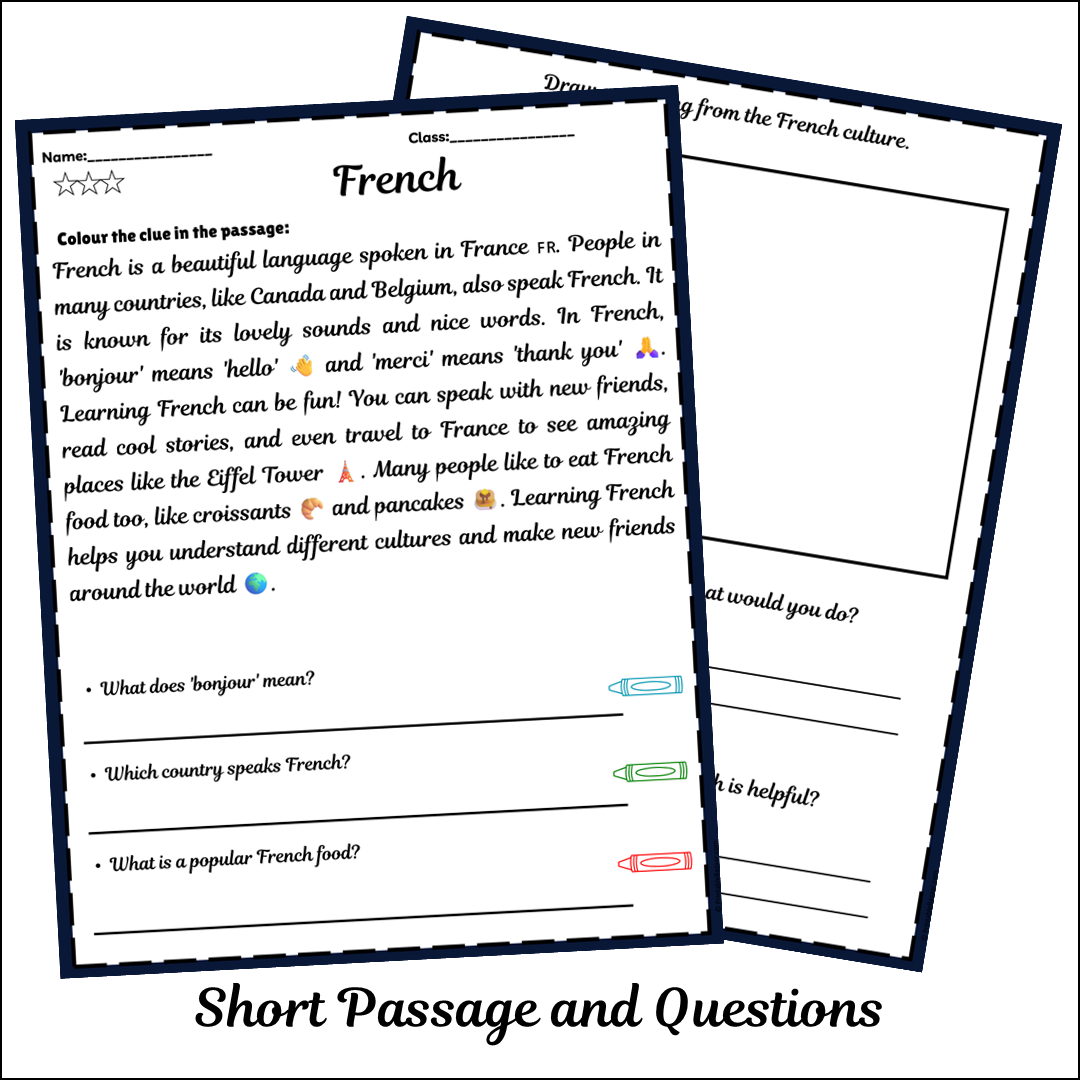 French | Short Reading Comprehension Creative Worksheet