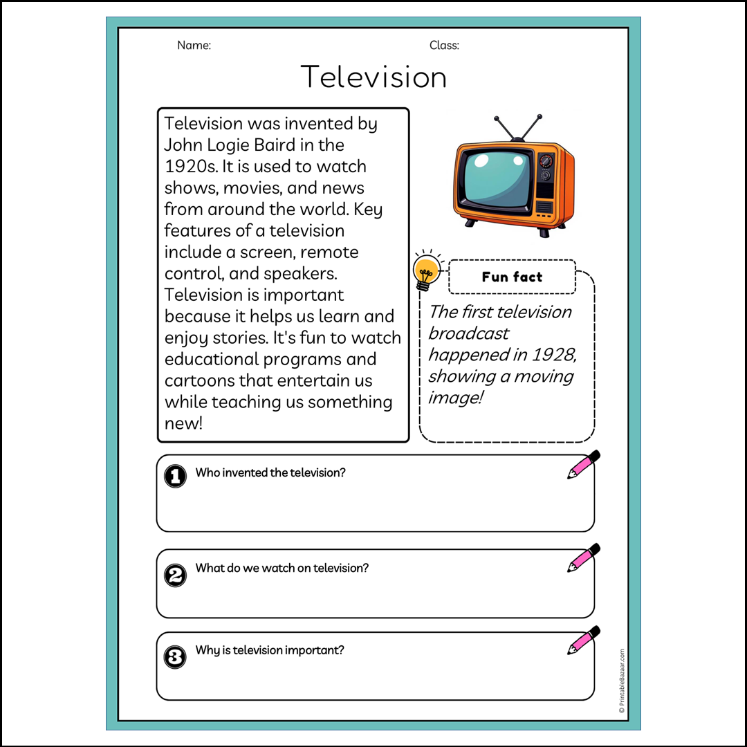 Television | Reading Passage Comprehension Questions Writing Facts Worksheet