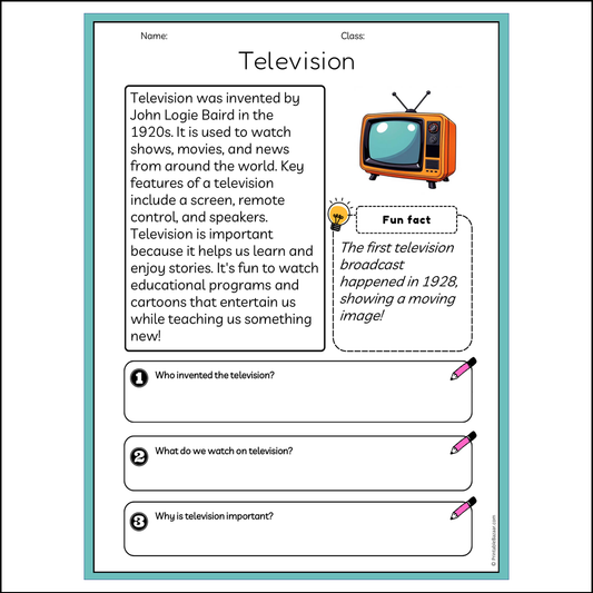 Television | Reading Passage Comprehension Questions Writing Facts Worksheet