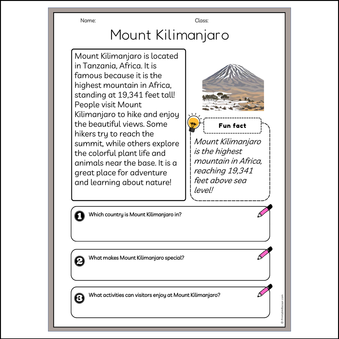Mount Kilimanjaro | Reading Passage Comprehension Questions Writing Facts Worksheet