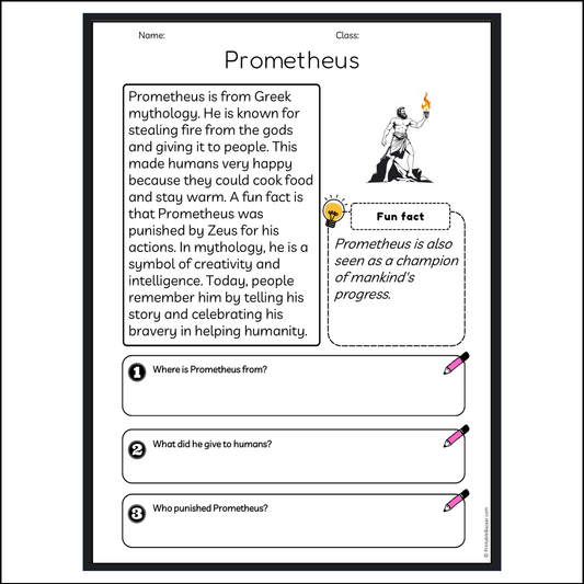 Prometheus | Reading Passage Comprehension Questions Writing Facts Worksheet