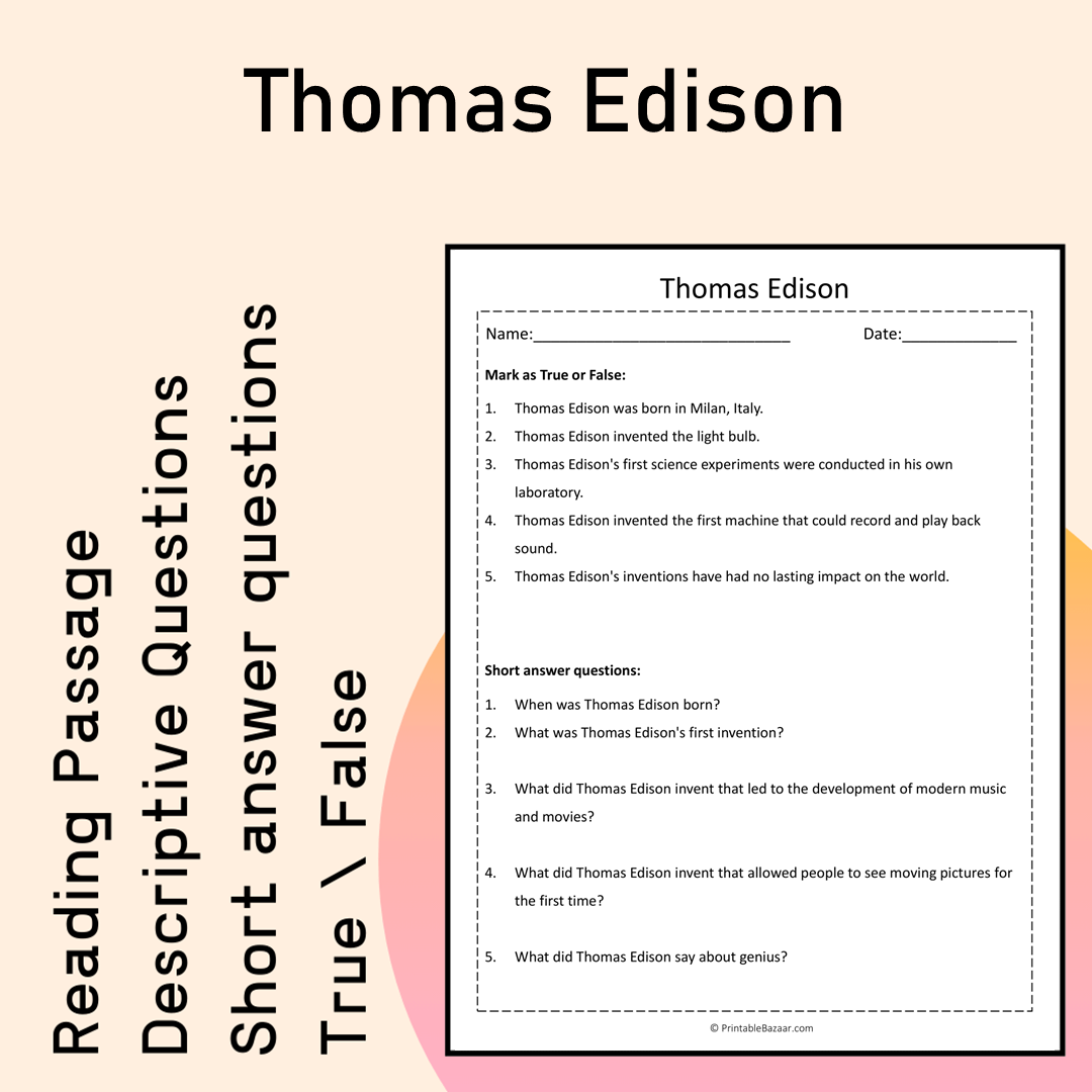 Thomas Edison | Reading Comprehension Passage Printable Activity