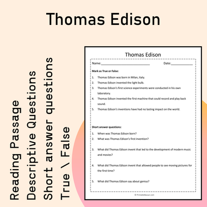 Thomas Edison | Reading Comprehension Passage Printable Activity