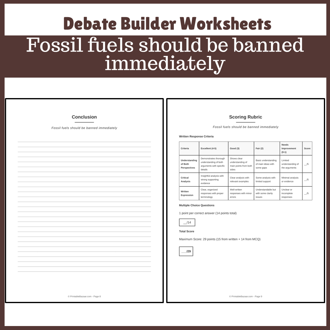 Fossil fuels should be banned immediately | Favour and Against Worksheet Printable Activity