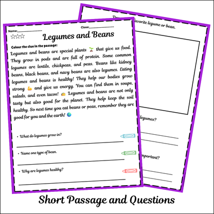 Legumes and Beans | Short Reading Comprehension Creative Worksheet
