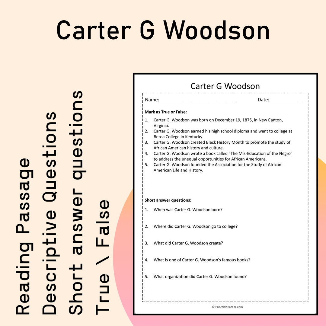 Carter G Woodson | Reading Comprehension Passage Printable Activity