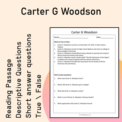 Carter G Woodson | Reading Comprehension Passage Printable Activity
