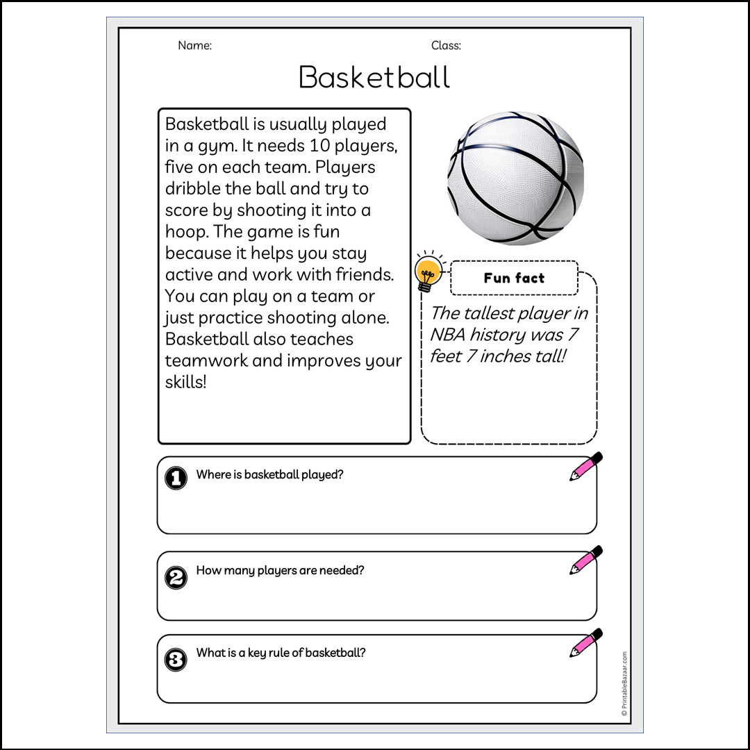 Basketball | Reading Passage Comprehension Questions Writing Facts Worksheet