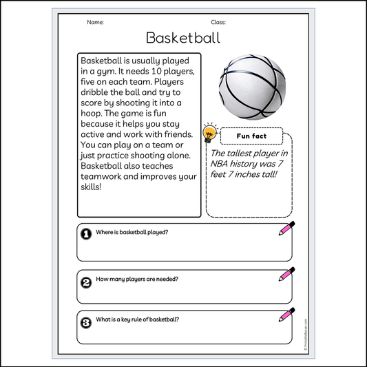 Basketball | Reading Passage Comprehension Questions Writing Facts Worksheet