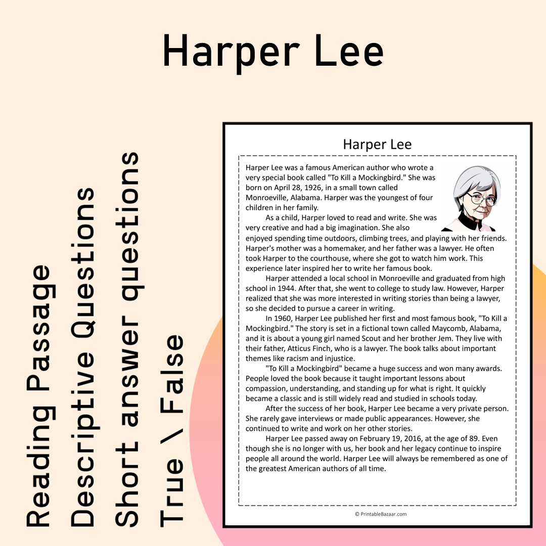 Harper Lee | Reading Comprehension Passage Printable Activity