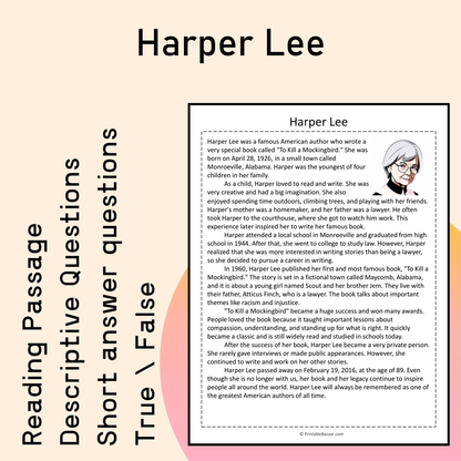 Harper Lee | Reading Comprehension Passage Printable Activity