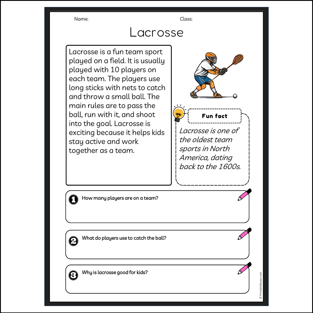 Lacrosse | Reading Passage Comprehension Questions Writing Facts Worksheet