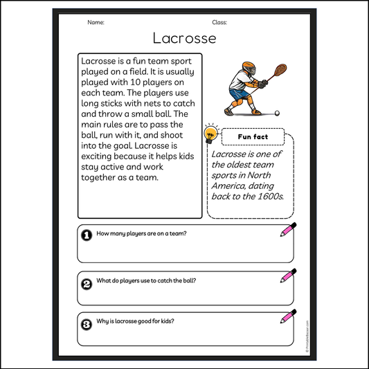 Lacrosse | Reading Passage Comprehension Questions Writing Facts Worksheet