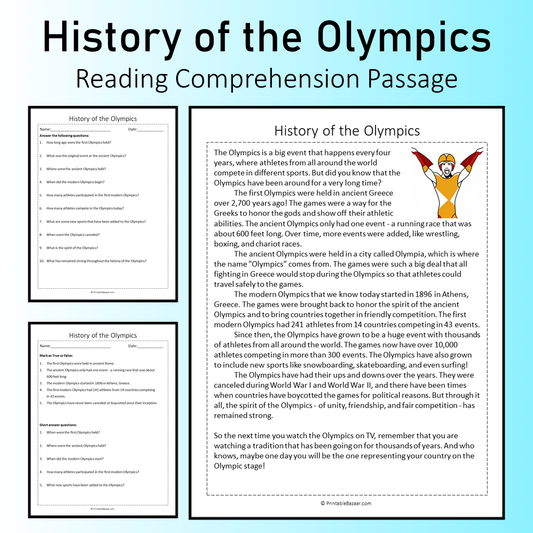 History of the Olympics | Reading Comprehension Passage Printable Worksheet