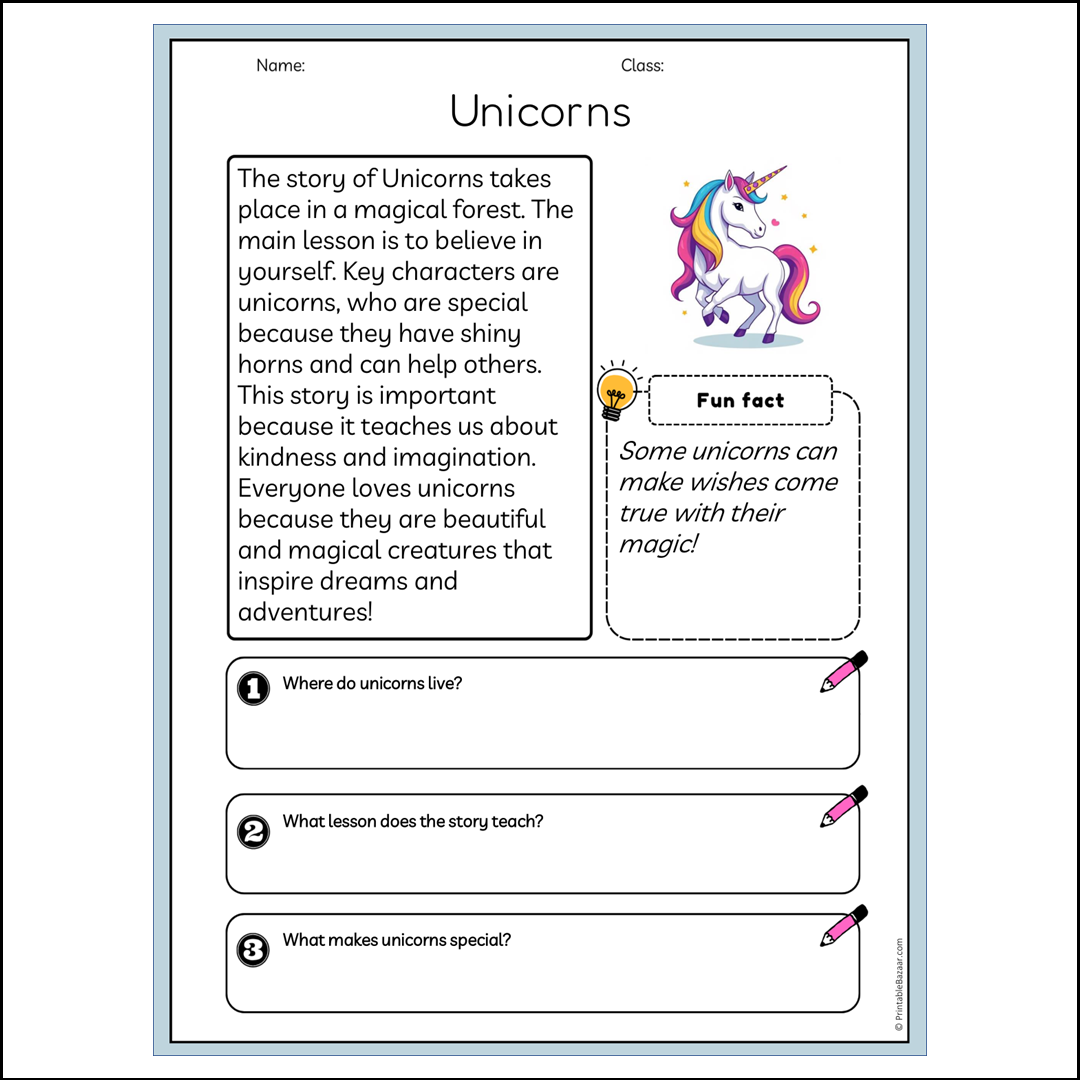 Unicorns | Reading Passage Comprehension Questions Writing Facts Worksheet