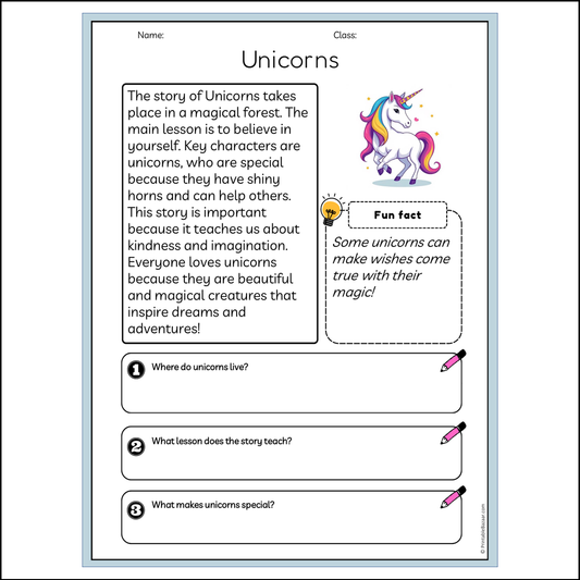 Unicorns | Reading Passage Comprehension Questions Writing Facts Worksheet