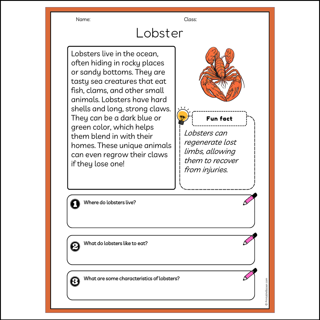 Lobster | Reading Passage Comprehension Questions Writing Facts Worksheet