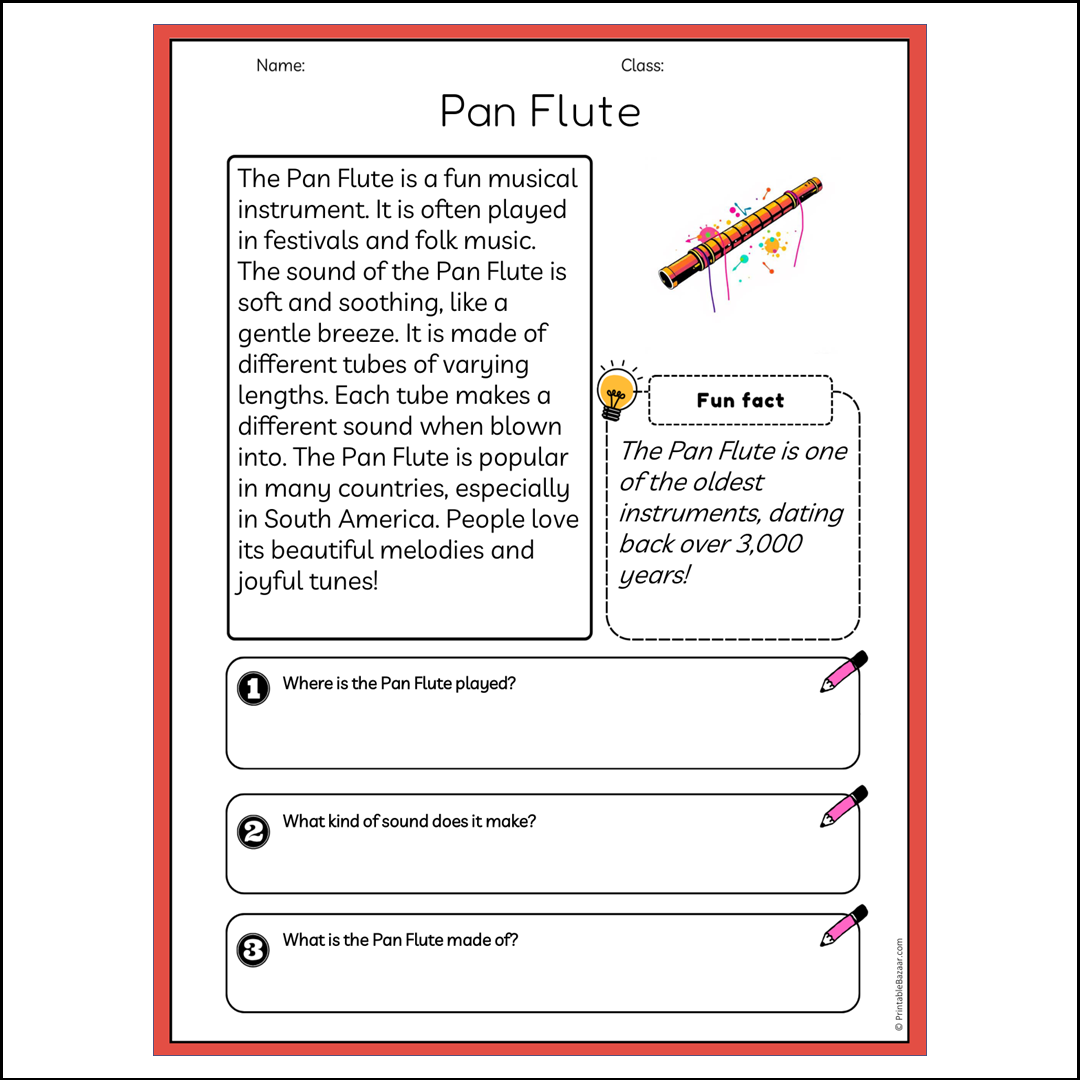 Pan Flute | Reading Passage Comprehension Questions Writing Facts Worksheet