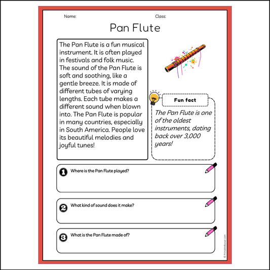 Pan Flute | Reading Passage Comprehension Questions Writing Facts Worksheet